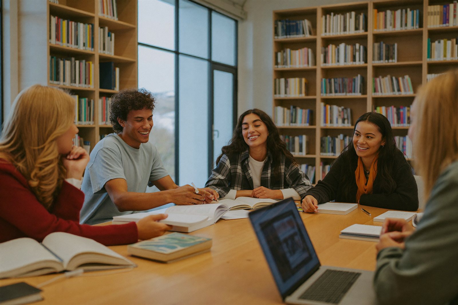 Studenten werken samen aan een grote tafel in de bibliotheek